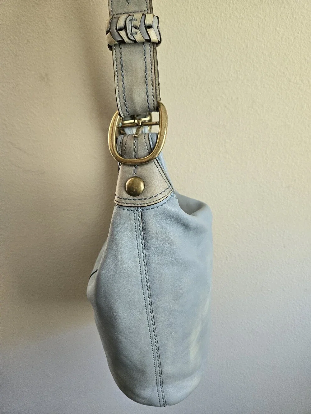 Coach 11422 Bleecker Tattersall Hobo Bag Duffle Purse Blue Leather Bleeker